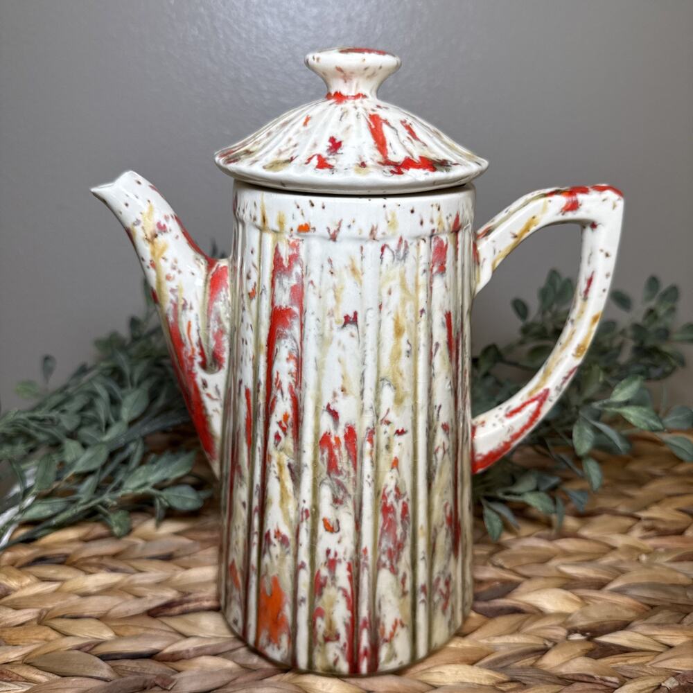 Vintage Studio Pottery Coffee Pot Red Drip Glaze Fluted Ceramic 10” MCM, Chips - Picture 13 of 13